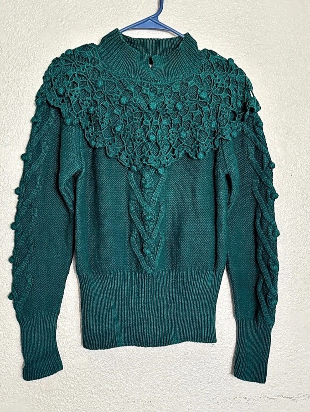 Vintage Rebecca Stone Teal Chunky Knit Sweater Lace Yoke Bobble Cable Size M
